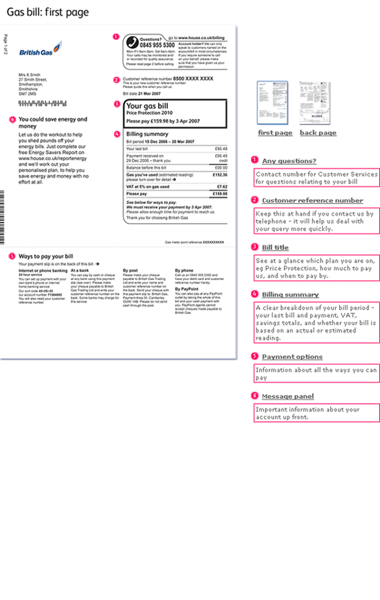 Image of a gas bill illustrating what all the different sections mean