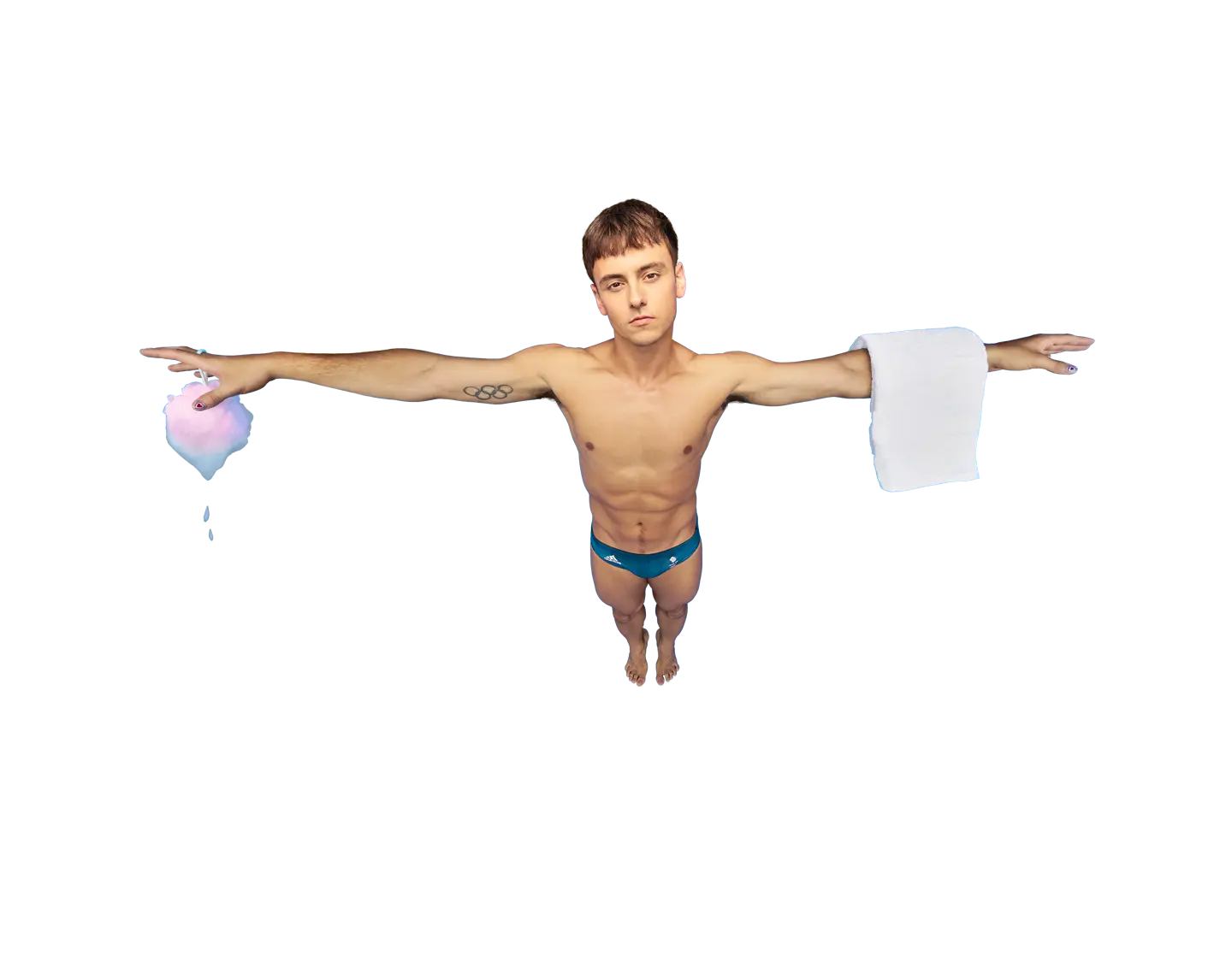 This is a playful and bold image of Tom Daly, the famous Olympic diver in Team GB. He's posing against a bright blue background, arms outstretched, as if he's about to plunge off a diving board. But there's something surprising about the image. He might look like he's about to dive - and he's dressed only in his skimpy diving trunks too - but on each arm is something unexpected. A towel on one side, and a bath sponge on the other. The headline makes sense of it all. “Feel the power” and in brackets “shower”. Like millions of us every day, Tom's about to enjoy a nice warm shower thanks to energy supplied by British Gas!