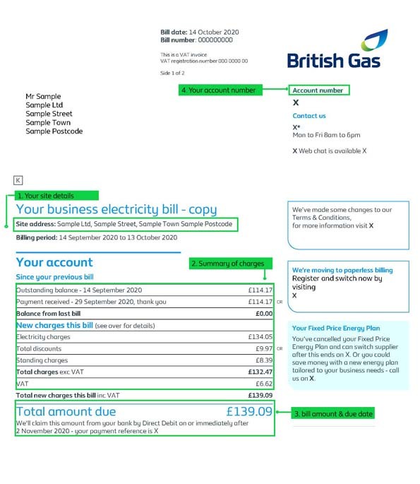 Single site bill front view, understanding your bill, British Gas business